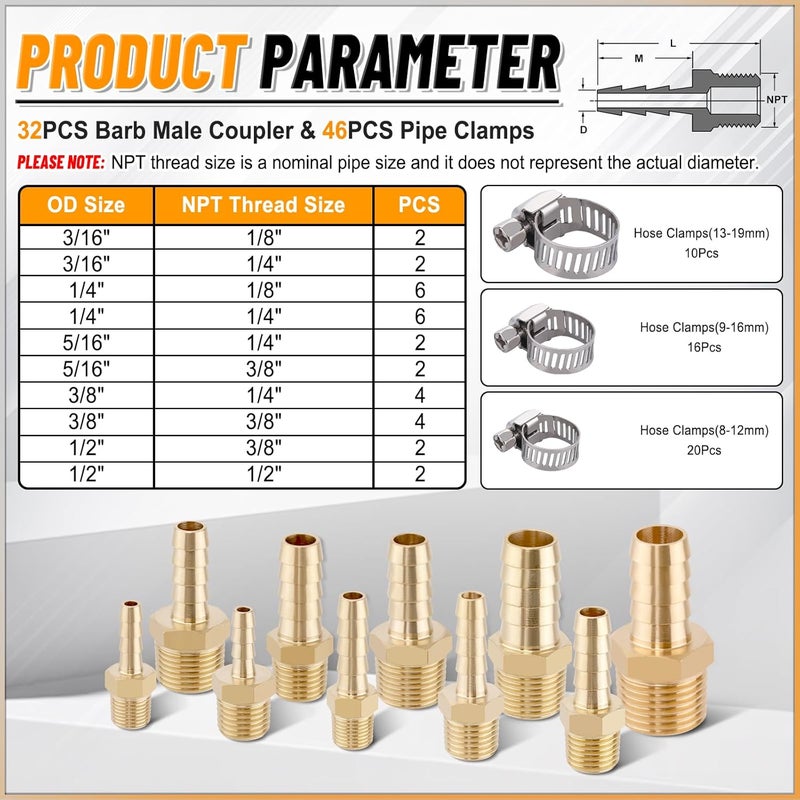 KOOTANS 32PCS Brass Hose Barb Fittings Barb to NPT Male Thread Adapter Kit 3/16" 1/4" 5/16" 3/8" 1/2" Barbed Air Hose Fittings with 46pcs Pipe Clamps for Water Fuel Air Line Connector Fitting - Image 3